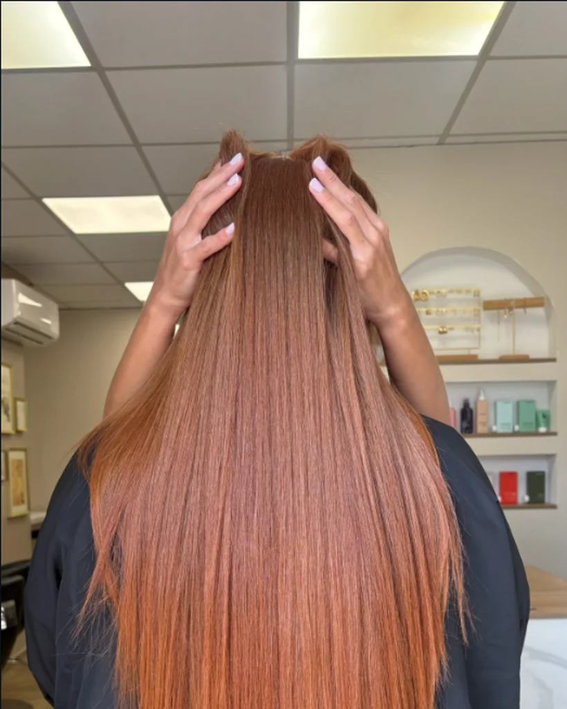 Balayage cuivré réalisé chez Entre Filles, salon de coiffure et esthétique à Saint-Pol-sur-Mer
